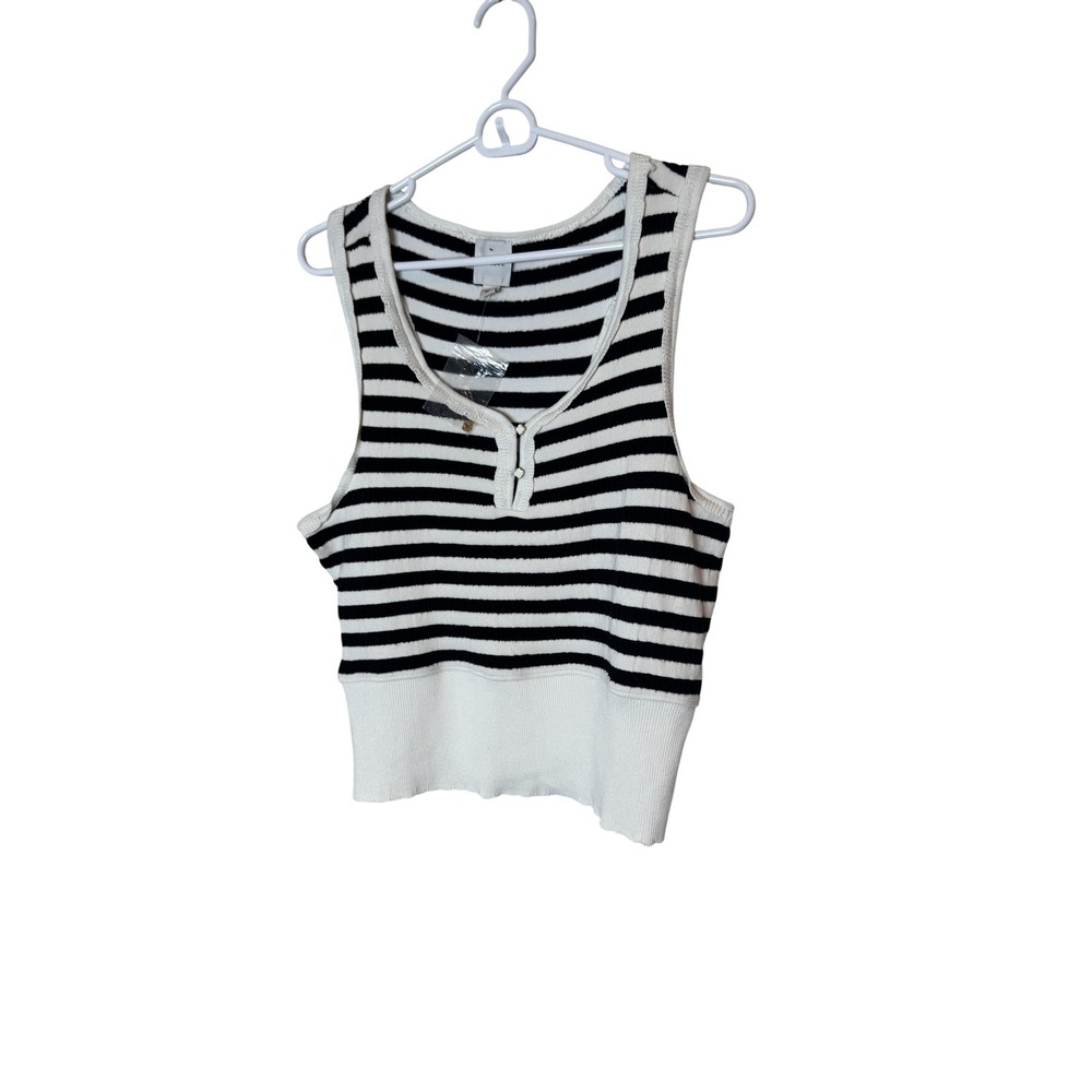 Maeve Sweater Womens Large Black White Striped Sleeveless Cropped Henley Top